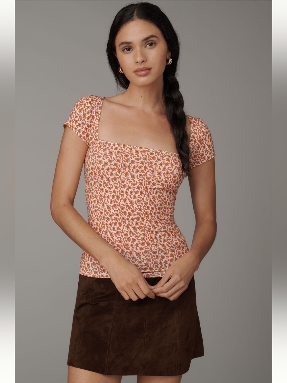 Reformation Rust Floral Square-Neck Short Sleeve Top